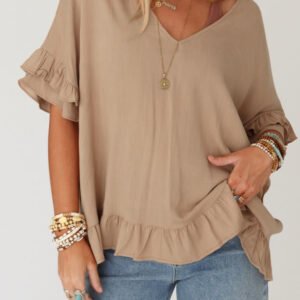 Blusa Beige Francés Claro Con Volados Suelta Escote V