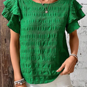 Blusa Verde Oscuro Con Volados Cuello Redondo