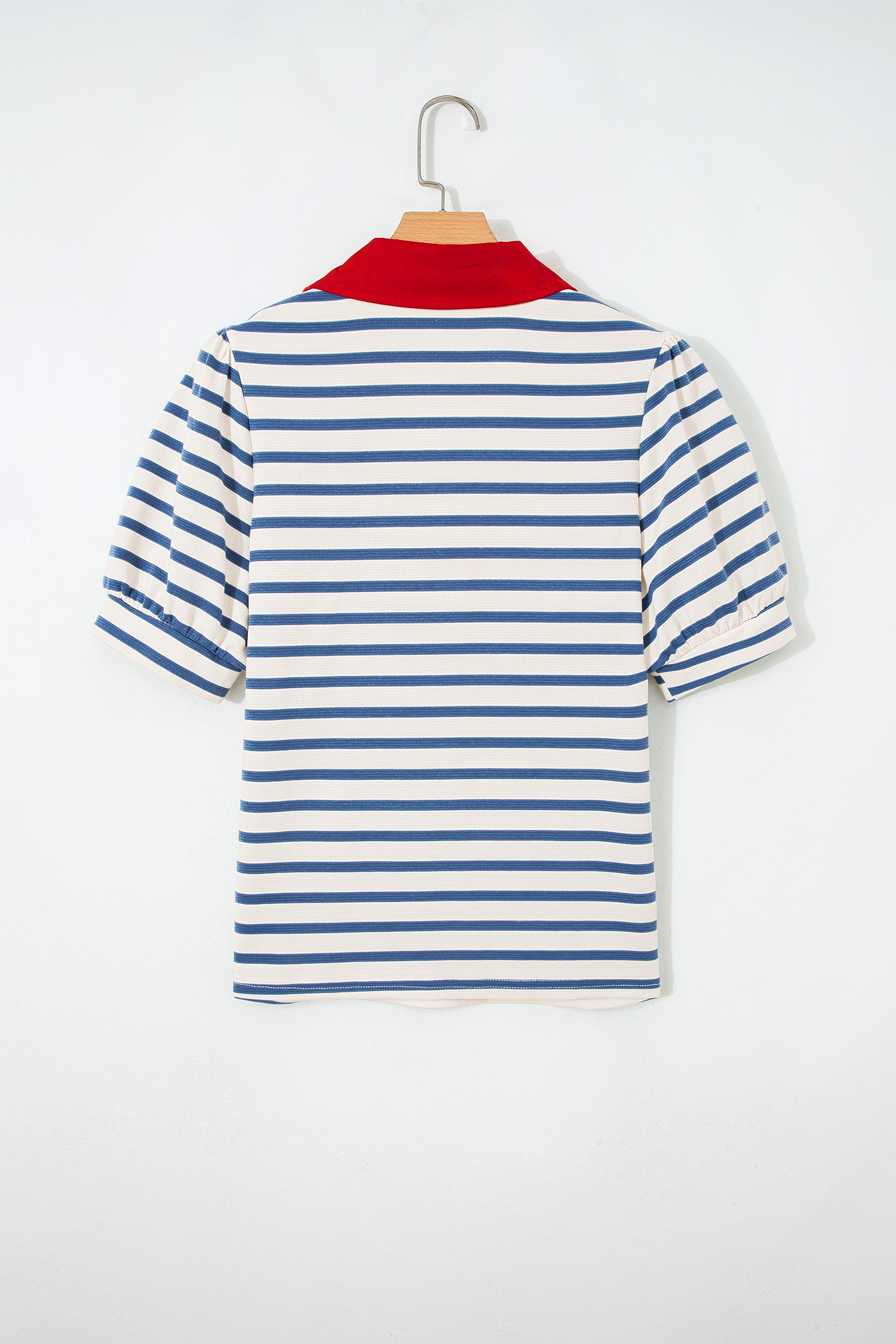 Blusa Azul a Rayas Combinado Manga Abullonada Con Cuello - Image 5