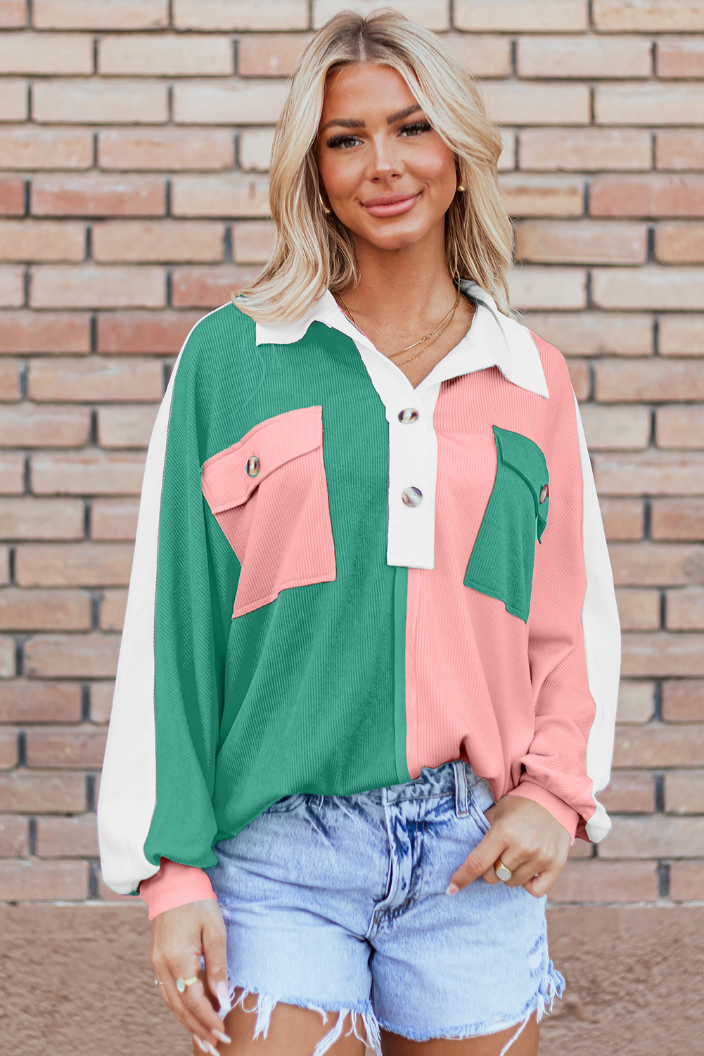Buzo Rosa Combinado Oversize Con Cuello - Image 6