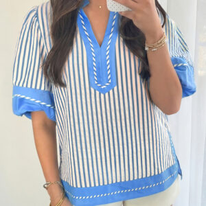 Blusa Azul Celeste a Rayas Combinado Manga Corta Escote V