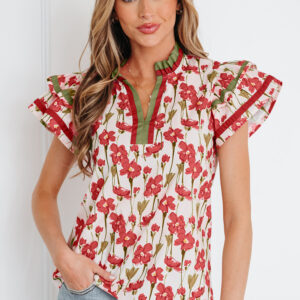 Blusa Rojo Con Volados Manga Corta Escote V