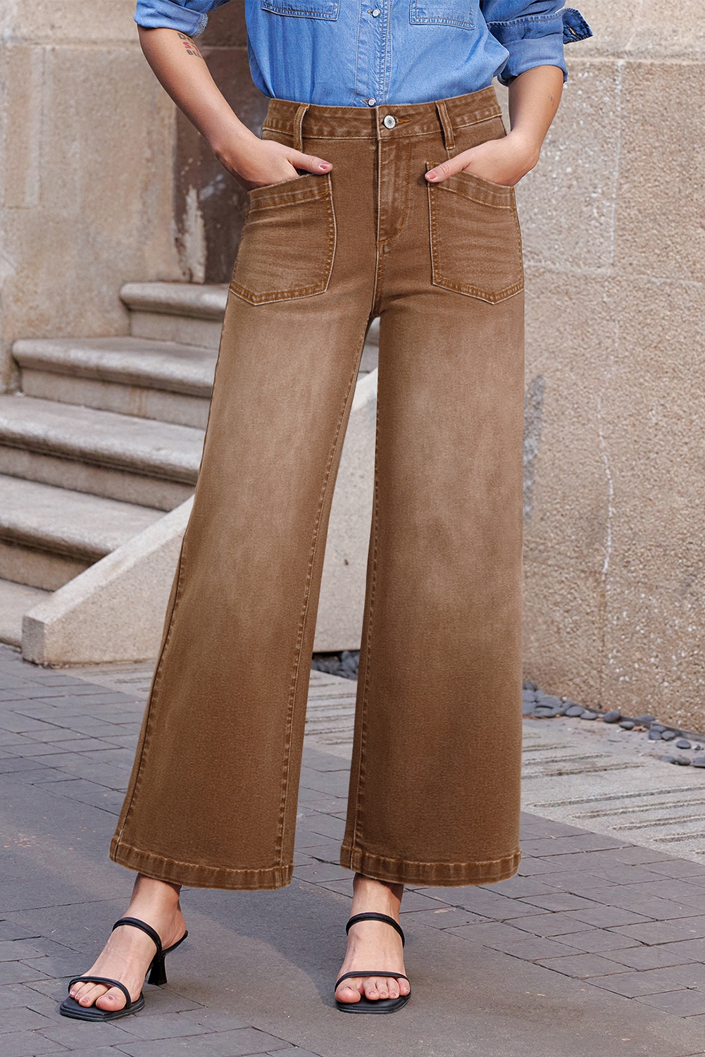 Jean Marrón Minimalista Aplicado Bolsillo Relajado - Image 3
