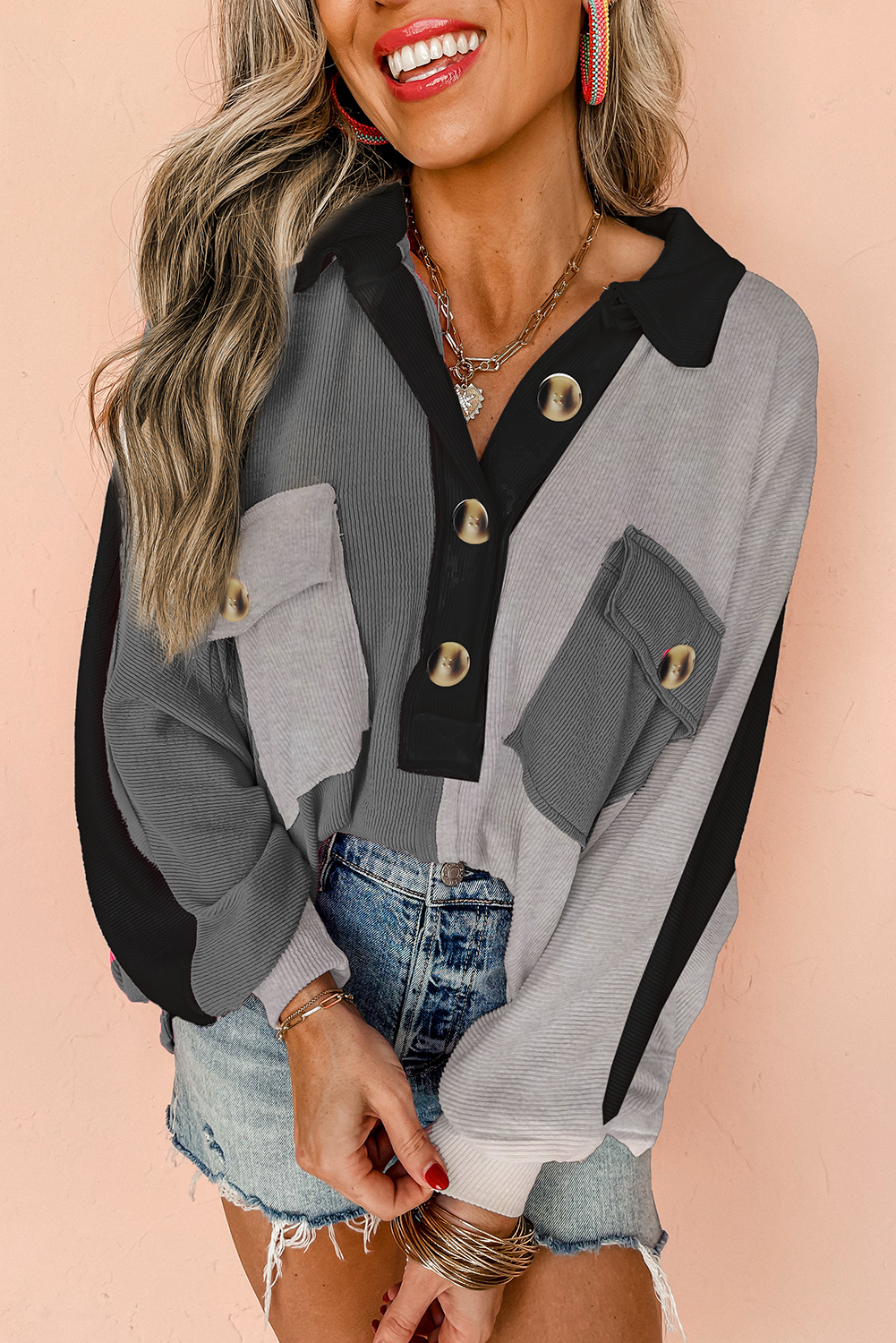 Buzo Gris Combinado Oversize Con Cuello - Image 3