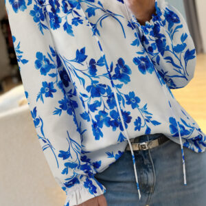 Blusa Azul Floral Manga Larga Escote V
