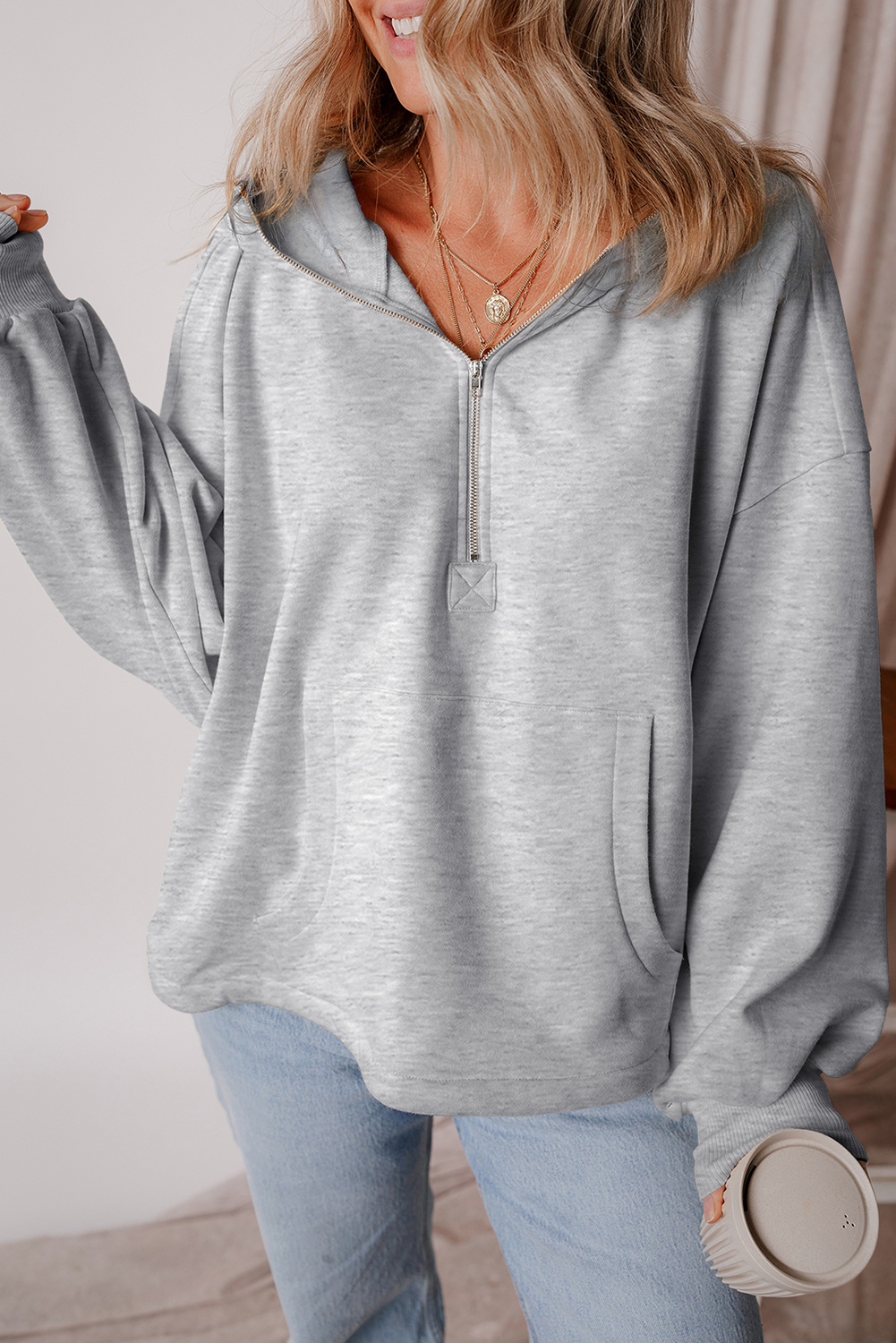 Hoodie Gris Claro Frisado Suelto Con Cierre - Image 6