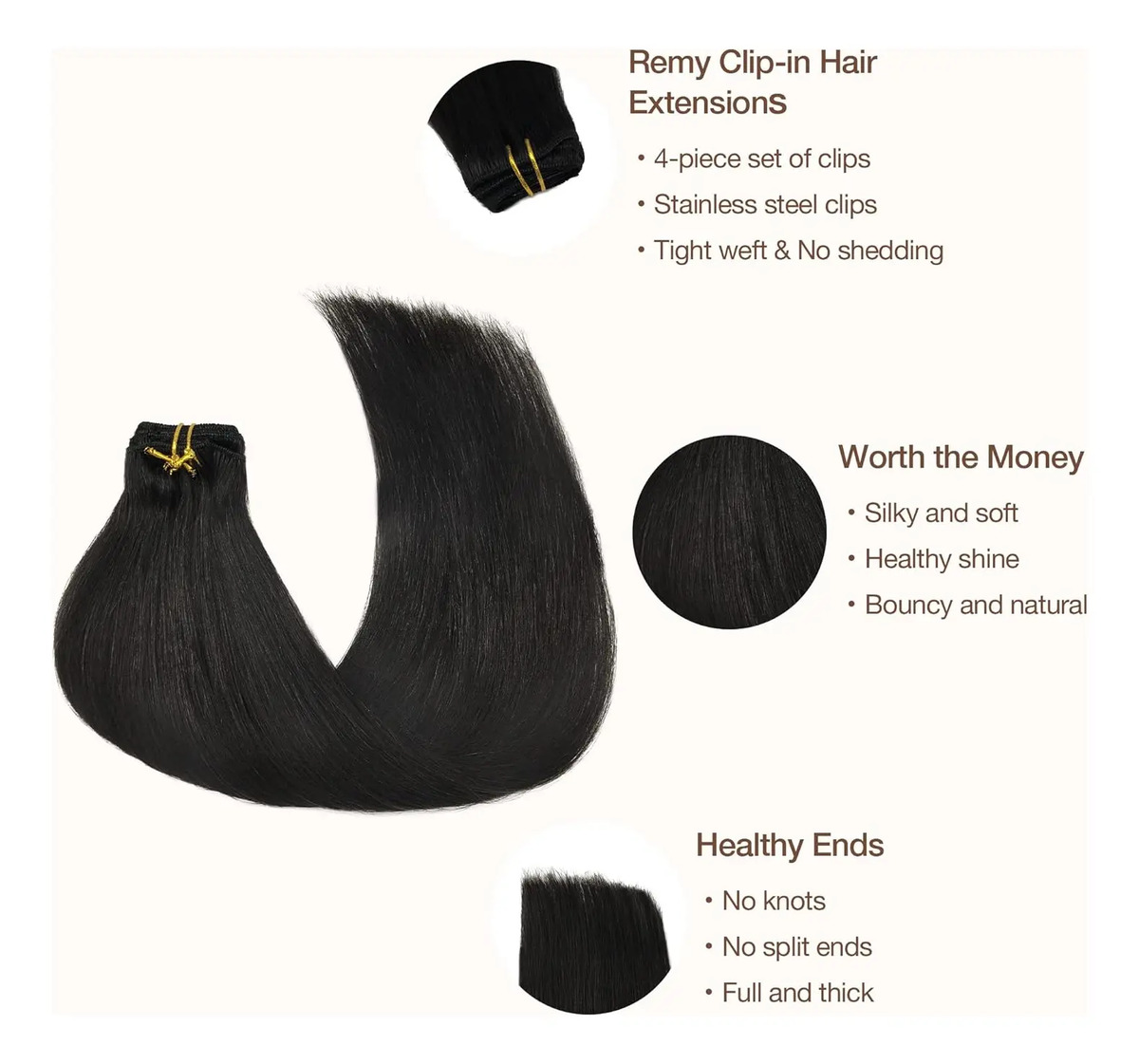 Cabello Humano Remy Negro 45cm 70g 4 Piezas Para Mujer Negro - Image 3