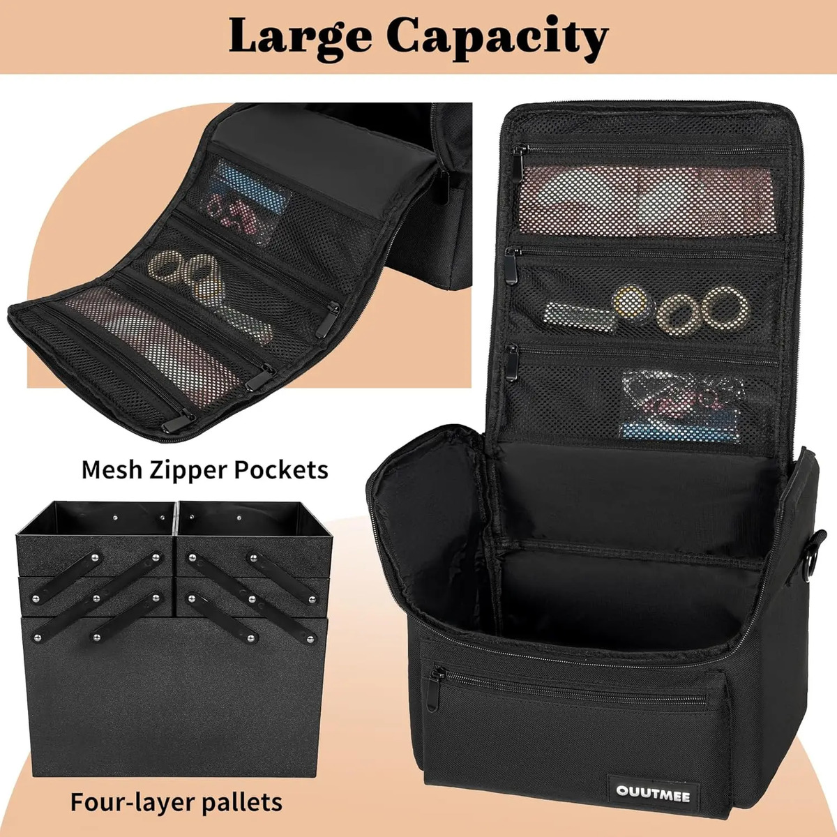 Maletín De Viaje Para Maquillaje Negro Con Correas Y Bolsill Negro - Image 2