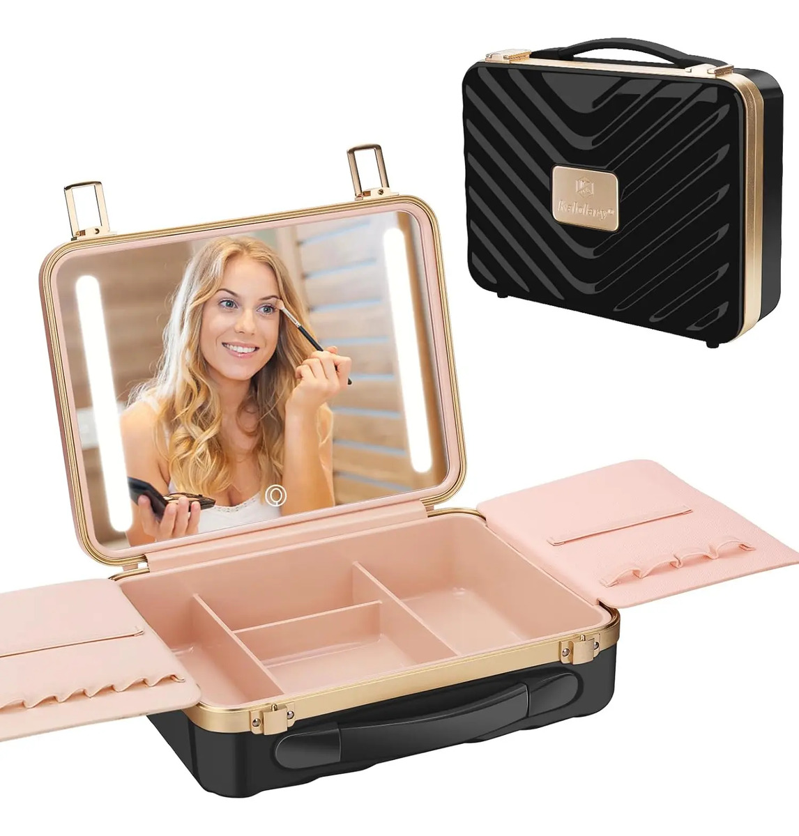 Estuche De Maquillaje Portátil Con Espejo Iluminado, Negro