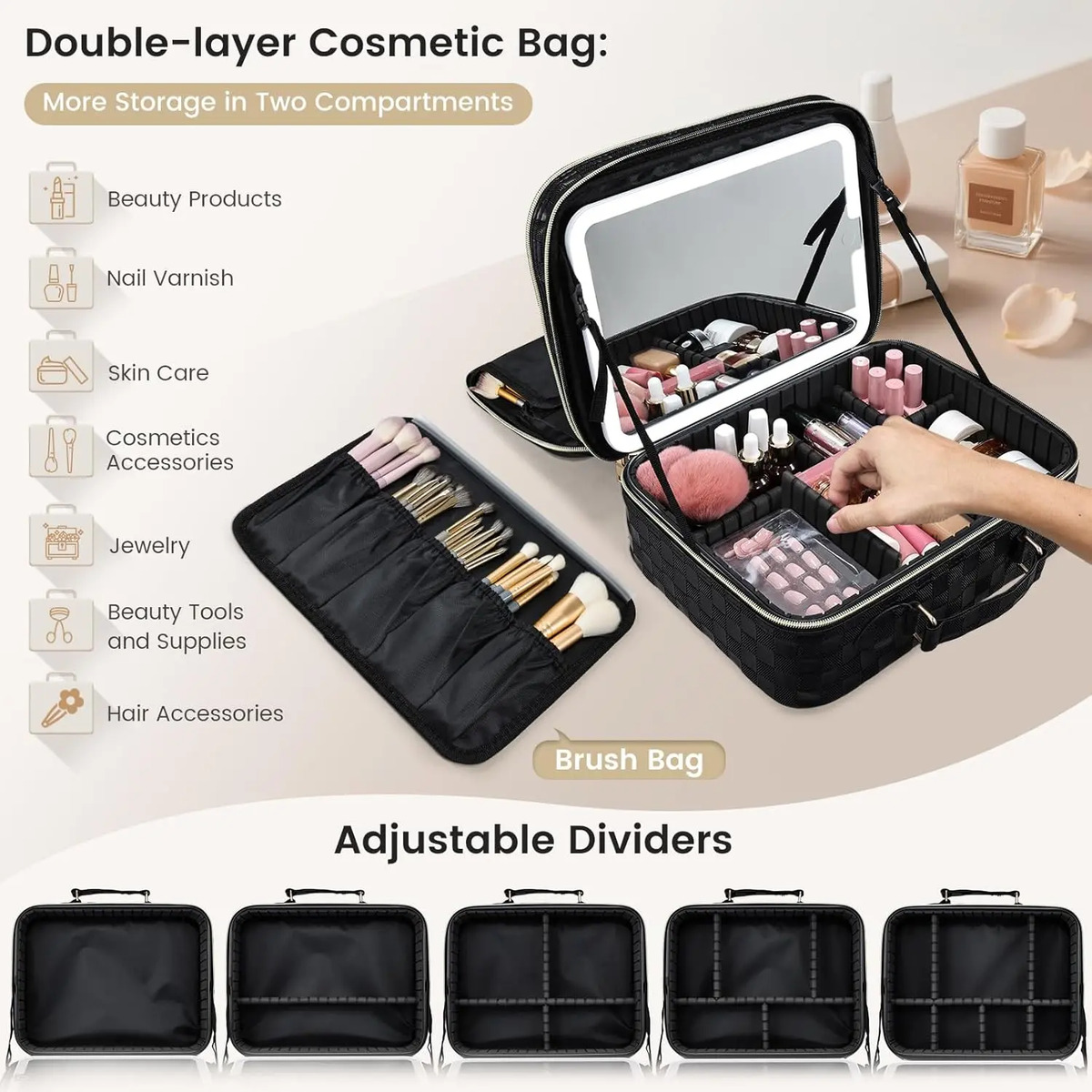 Bolsa De Maquillaje Con Luz Led, 31 Cm, Doble Capa Ajustable - Image 6