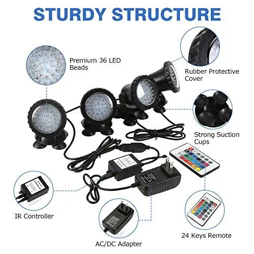 4 Luces De Estanque Con 36 Led 100% Impermeables Multicolor - Image 3