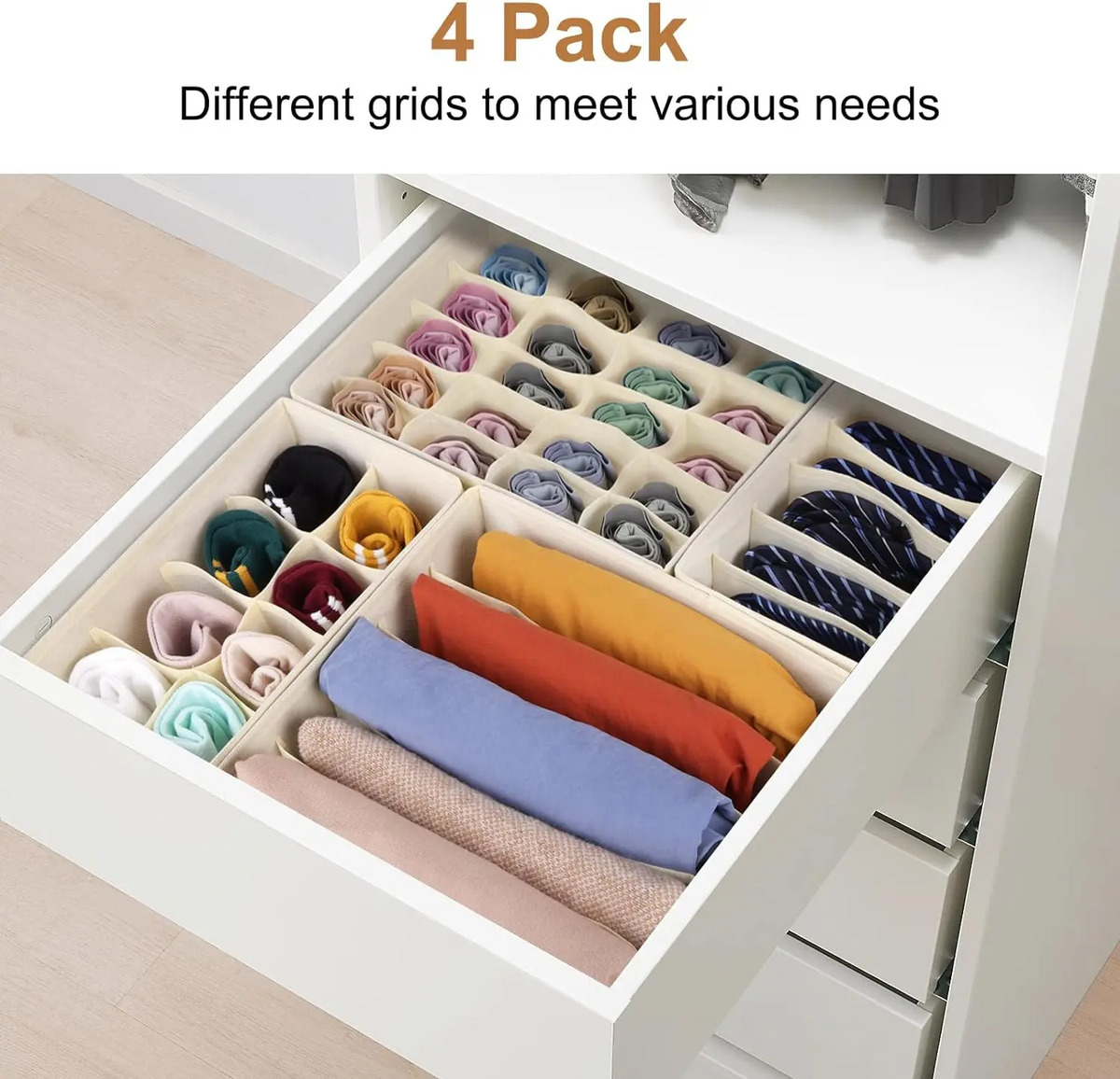 Organizador Cajones Contenedores Plegable 4pzas Beige / Gris Blanco - Image 4