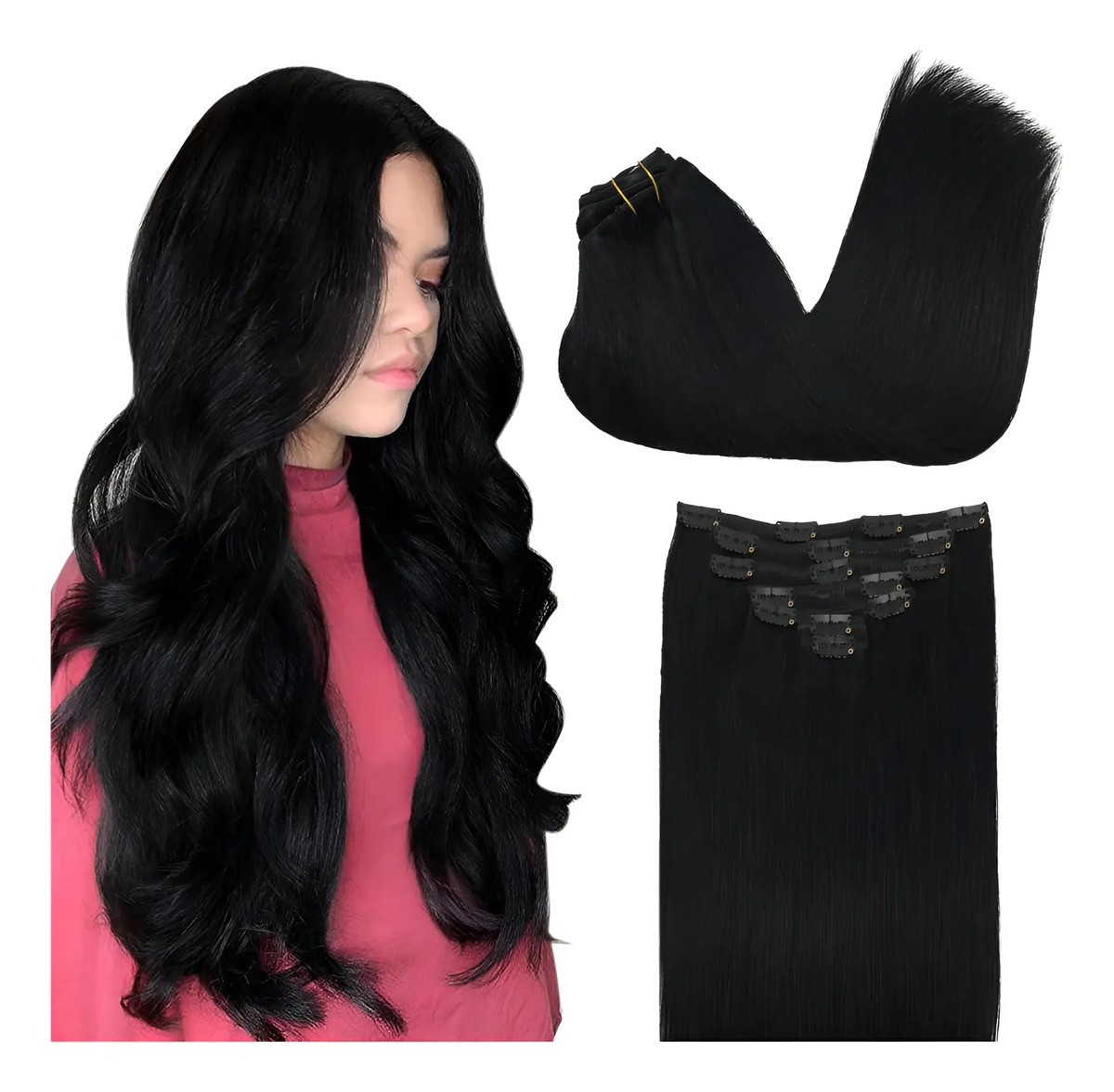 Extensiones Cabello Clip Mujeres Pelo Humano 40cm Negro