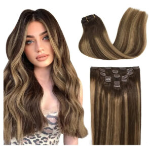 Cabello Humano Real, Clip In, 51 Cm, 7 Piezas Castaño Con Mechas Rubias