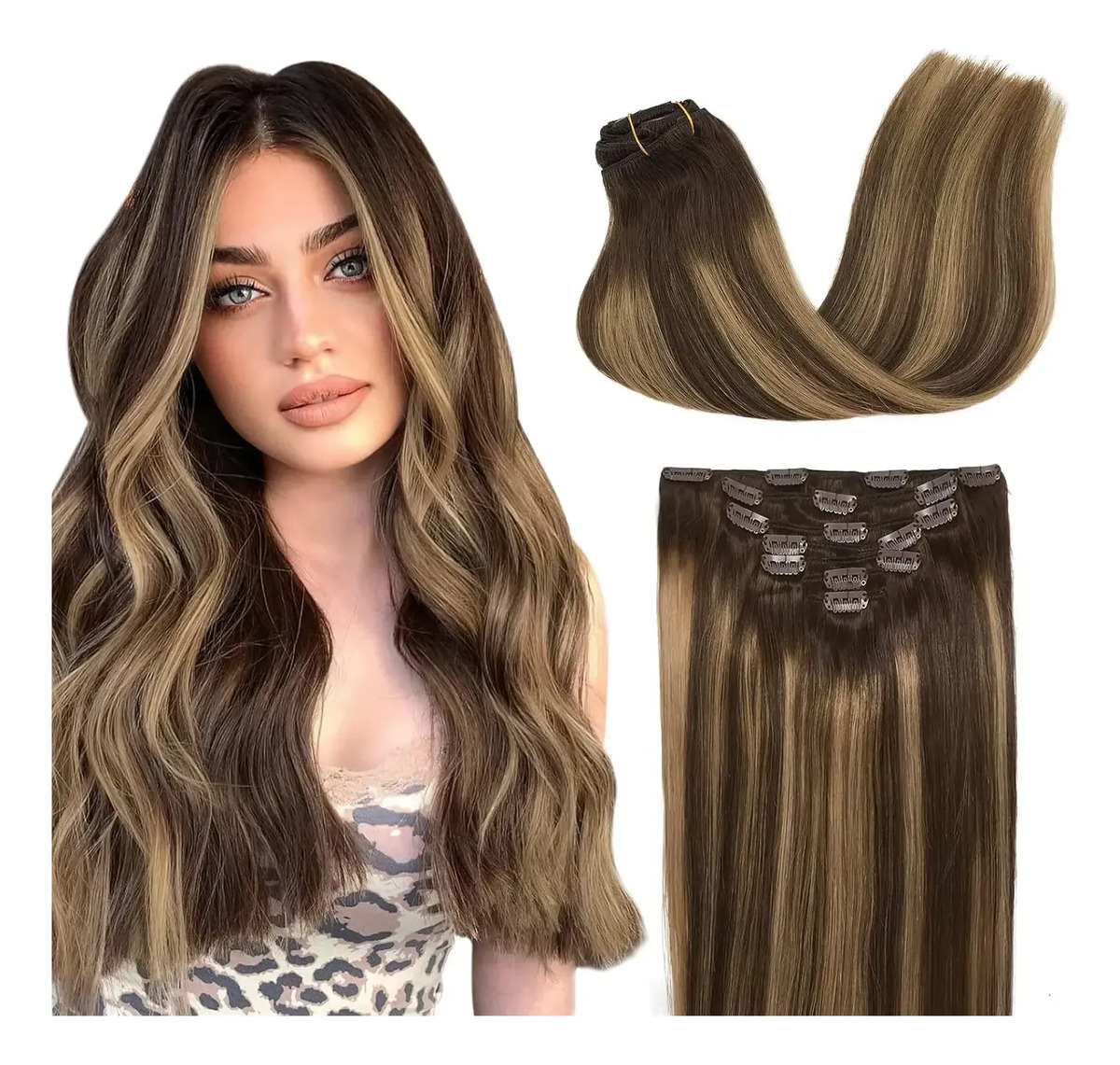 Cabello Humano Real, Clip In, 51 Cm, 7 Piezas Castaño Con Mechas Rubias