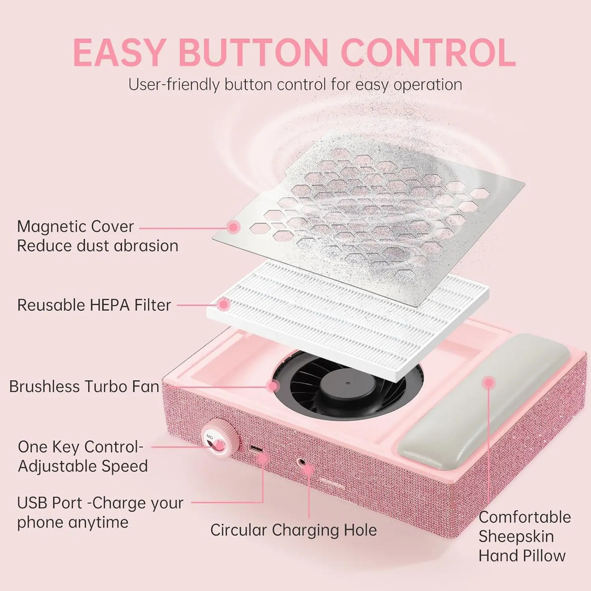 Aspirador De Uñas Recargable 650pa 56w Con 30 Filtros Rosa - Image 4
