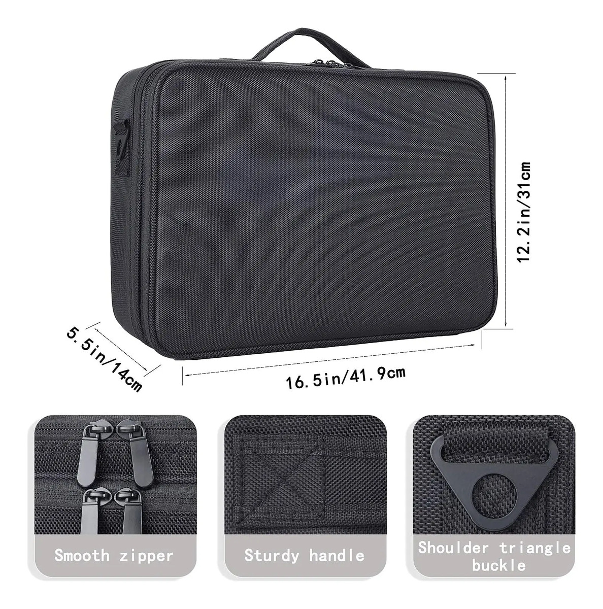 Estuche De Maquillaje Portátil Grande Con Correa Para Hombro Negro - Image 5