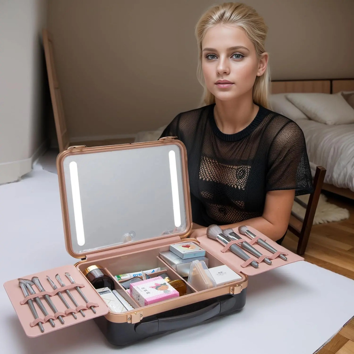 Estuche De Maquillaje Con Espejo Led, Caja Portátil Con Divi - Image 6
