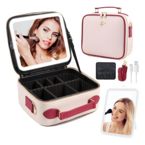 Bolso De Maquillaje Portátil Con Espejo Led Rosa Claro