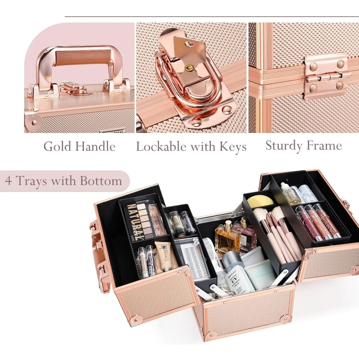 Caja De Maquillaje Frenessa, 25cm, 4 Bandejas, Rosa Dorado - Image 5