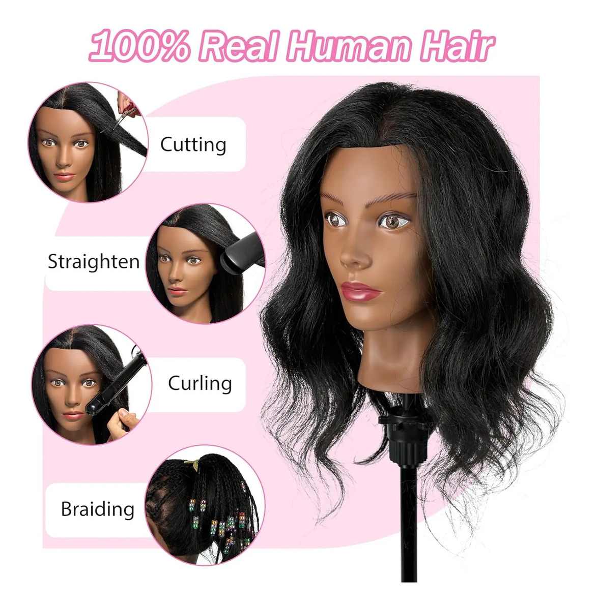 Cabeza De Maniquí Con Pelo Real Para Práctica De Peluquería - Image 2