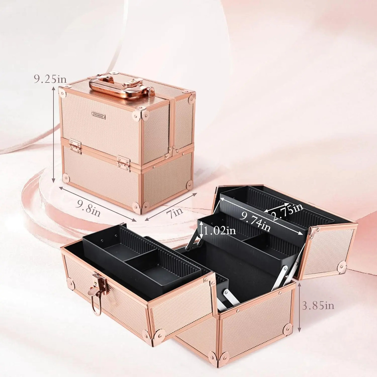 Caja De Maquillaje Frenessa, 25cm, 4 Bandejas, Rosa Dorado - Image 6