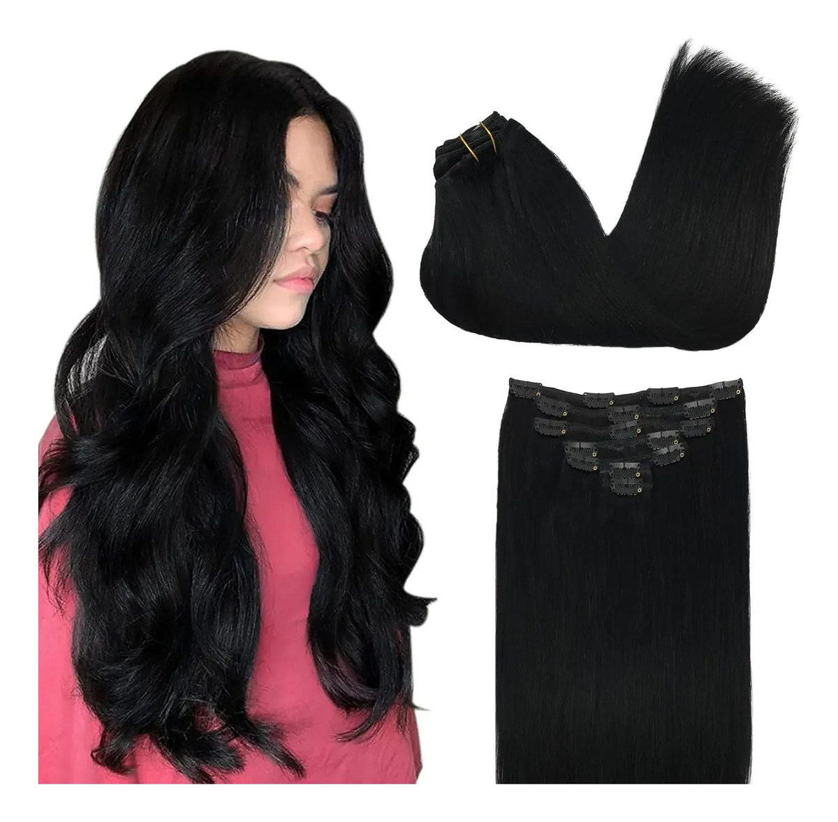 Cabello Clip-on Humano 30cm Negro Negro