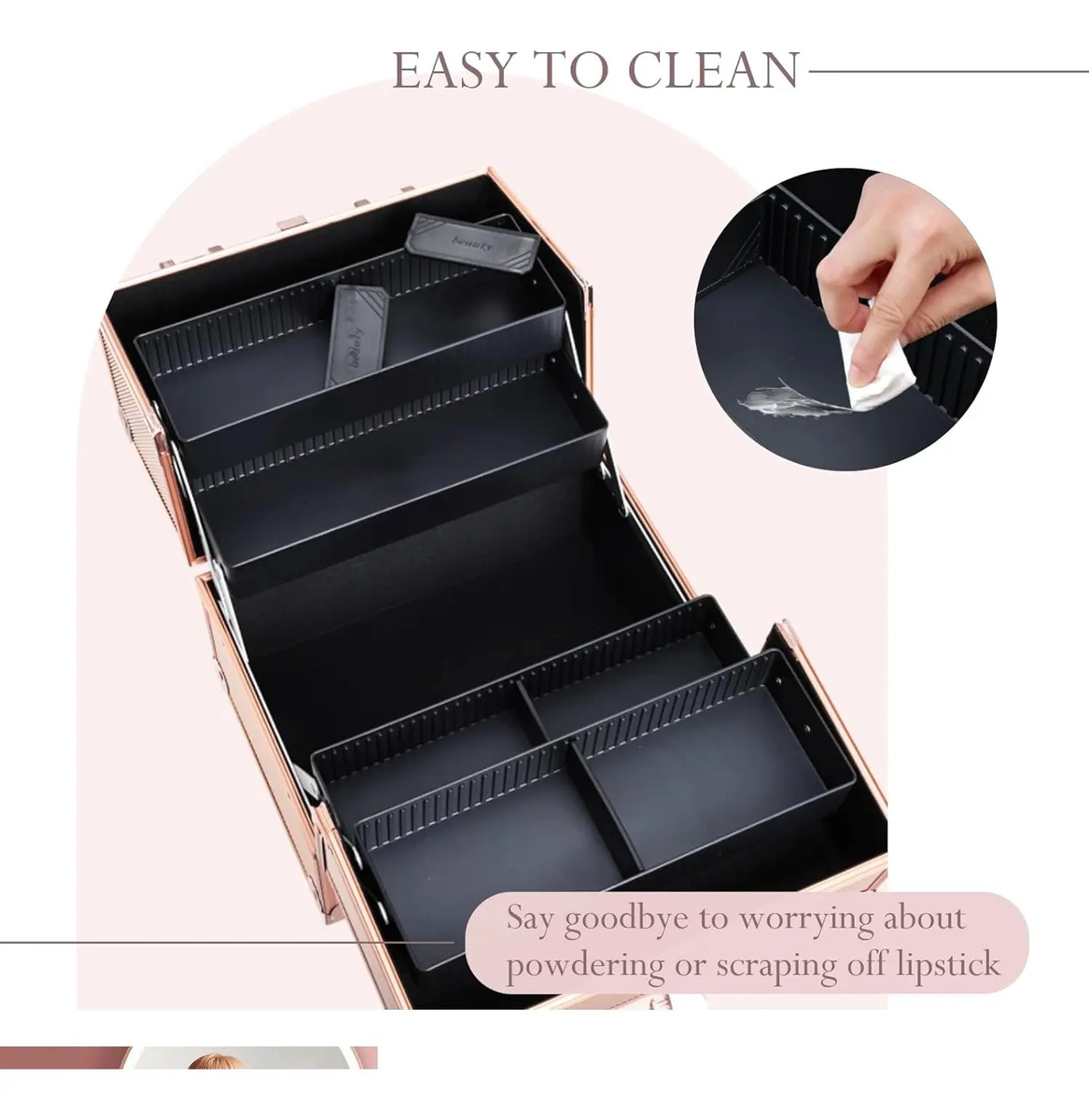 Caja De Maquillaje Frenessa, 25cm, 4 Bandejas, Rosa Dorado - Image 7