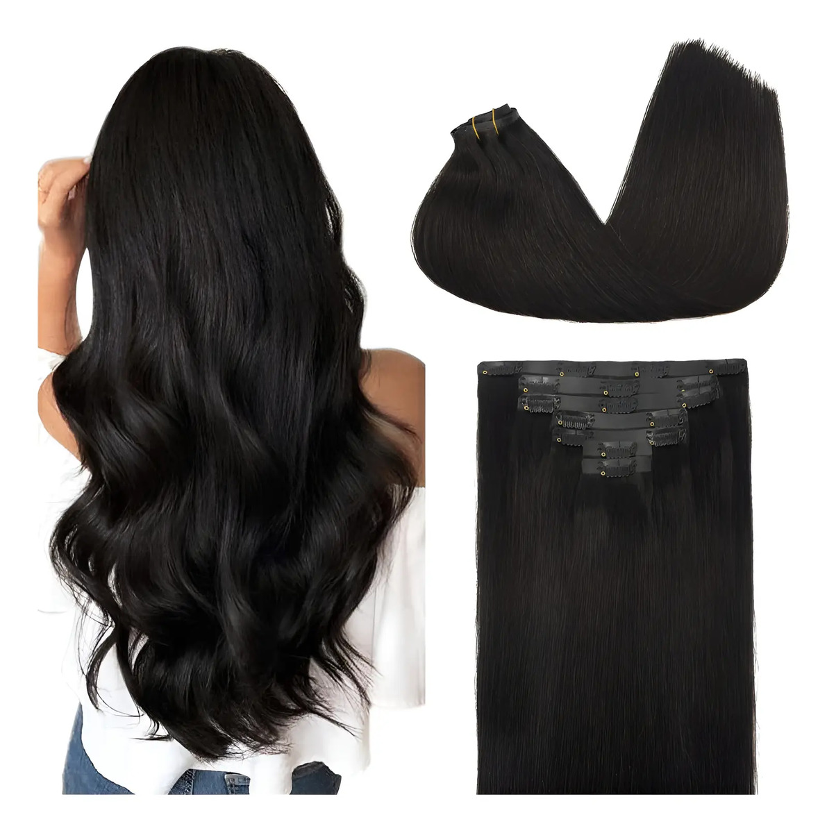 Cabello Humano Negro 45cm 7 Piezas Negro