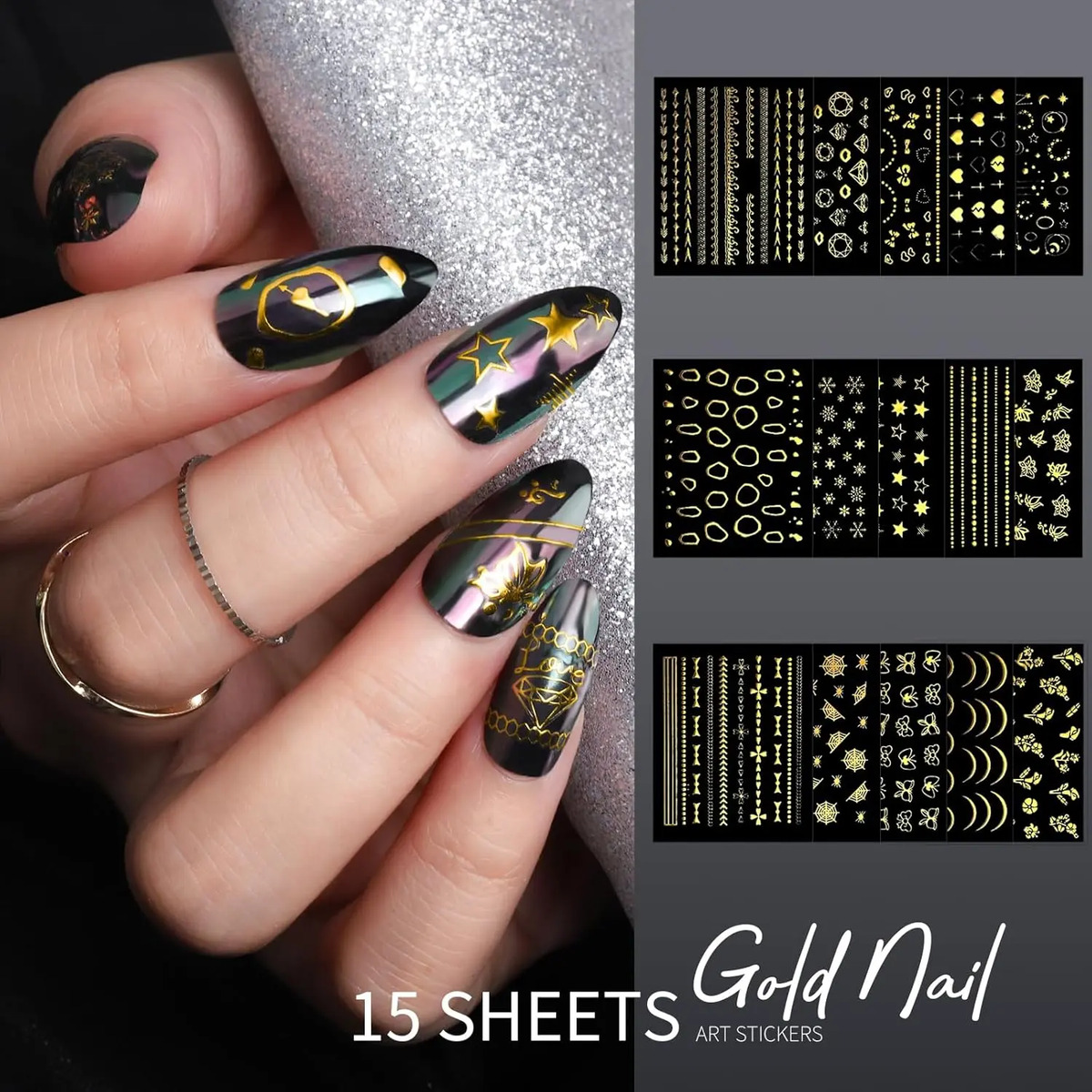 Kit De Arte De Uñas Con 15 Láminas De Calcomanías Doradas Y - Image 7