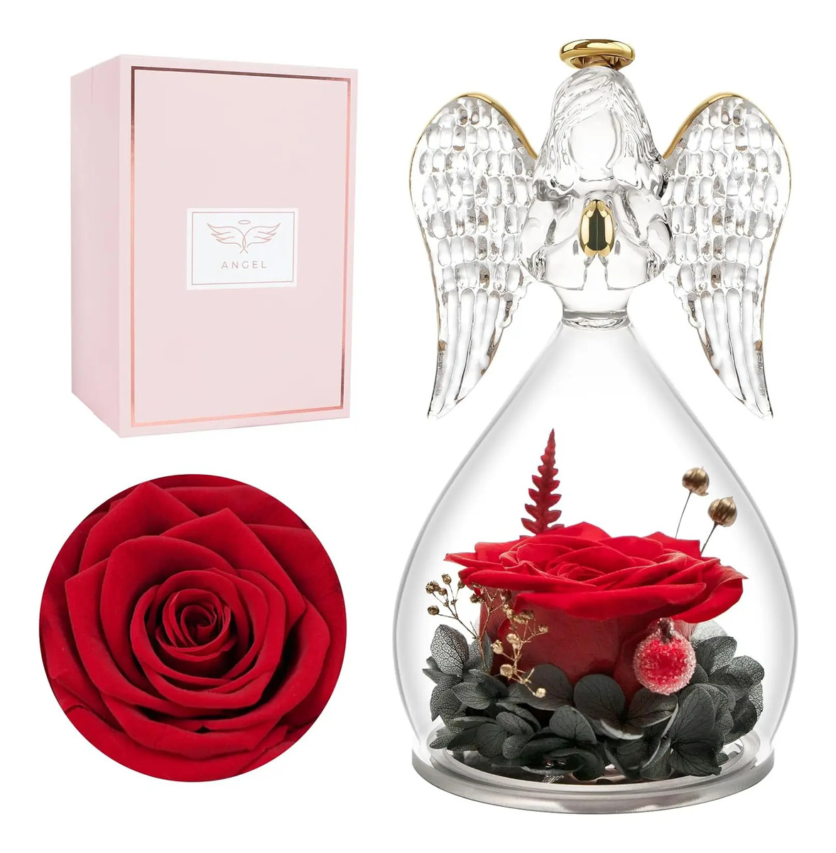 Regalo Para Mamá: Rosa Preservada Con Ángel Roja, Día De La