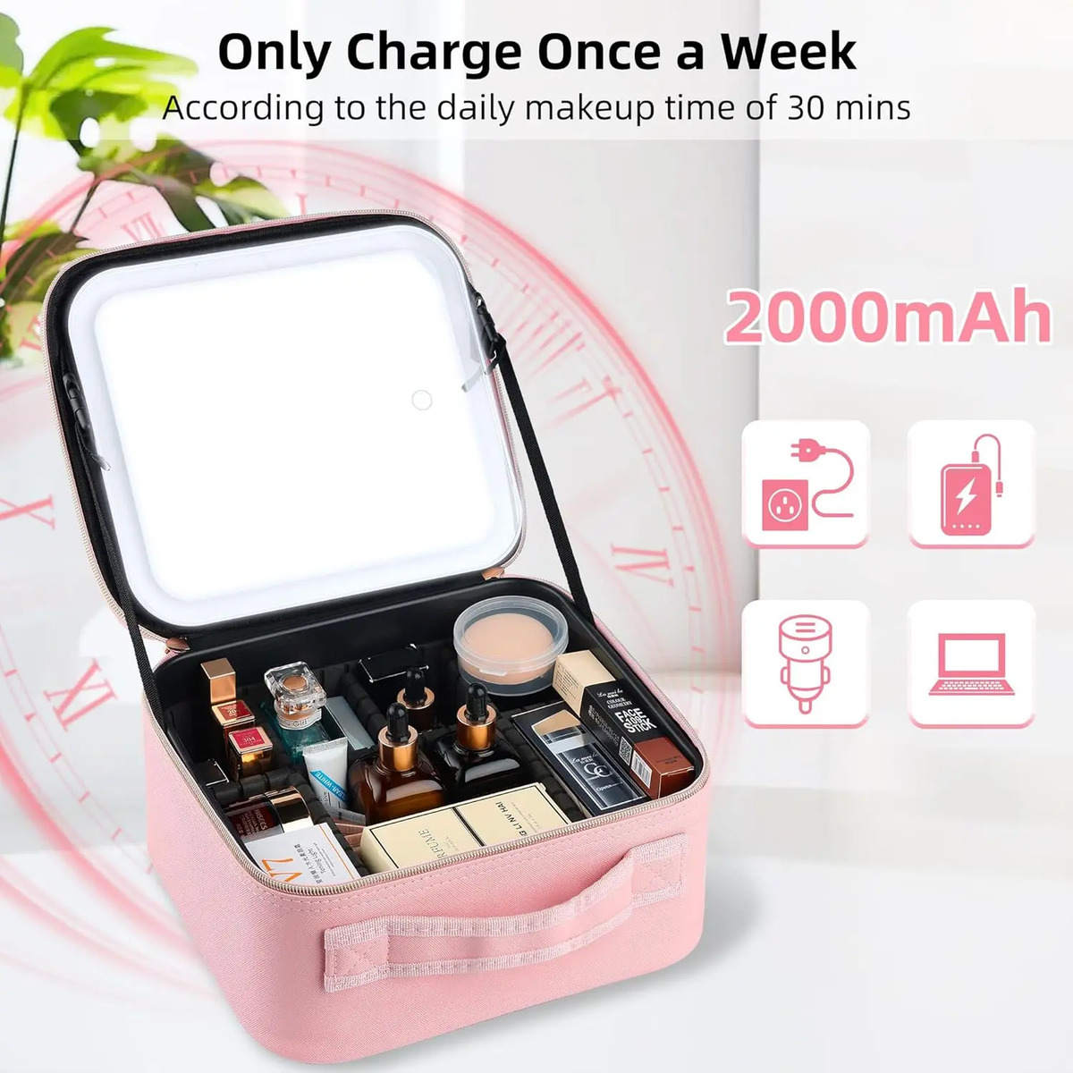 Bolsa De Maquillaje Con Espejo Led Rosa Para Mujeres - Image 4
