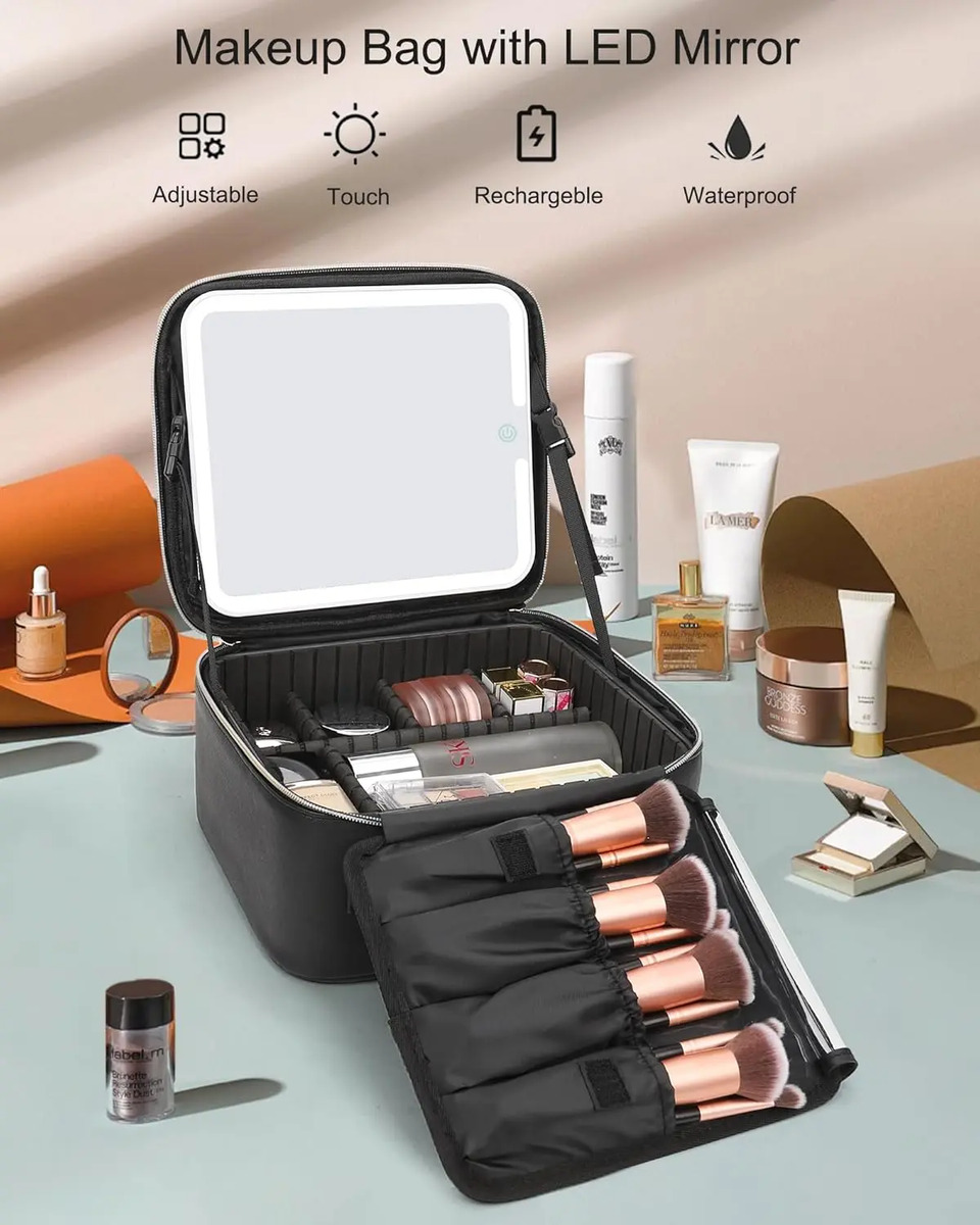 Bolso De Maquillaje Con Espejo Iluminado Y Organizador Negro - Image 2