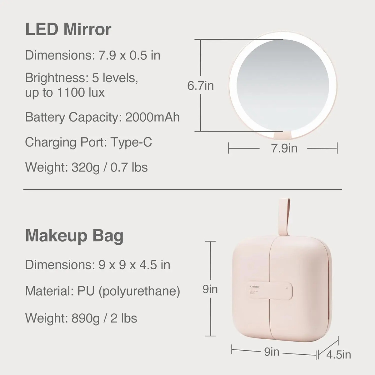 Bolsa De Maquillaje Amiro Con Luz Led Rosa Portátil - Image 6