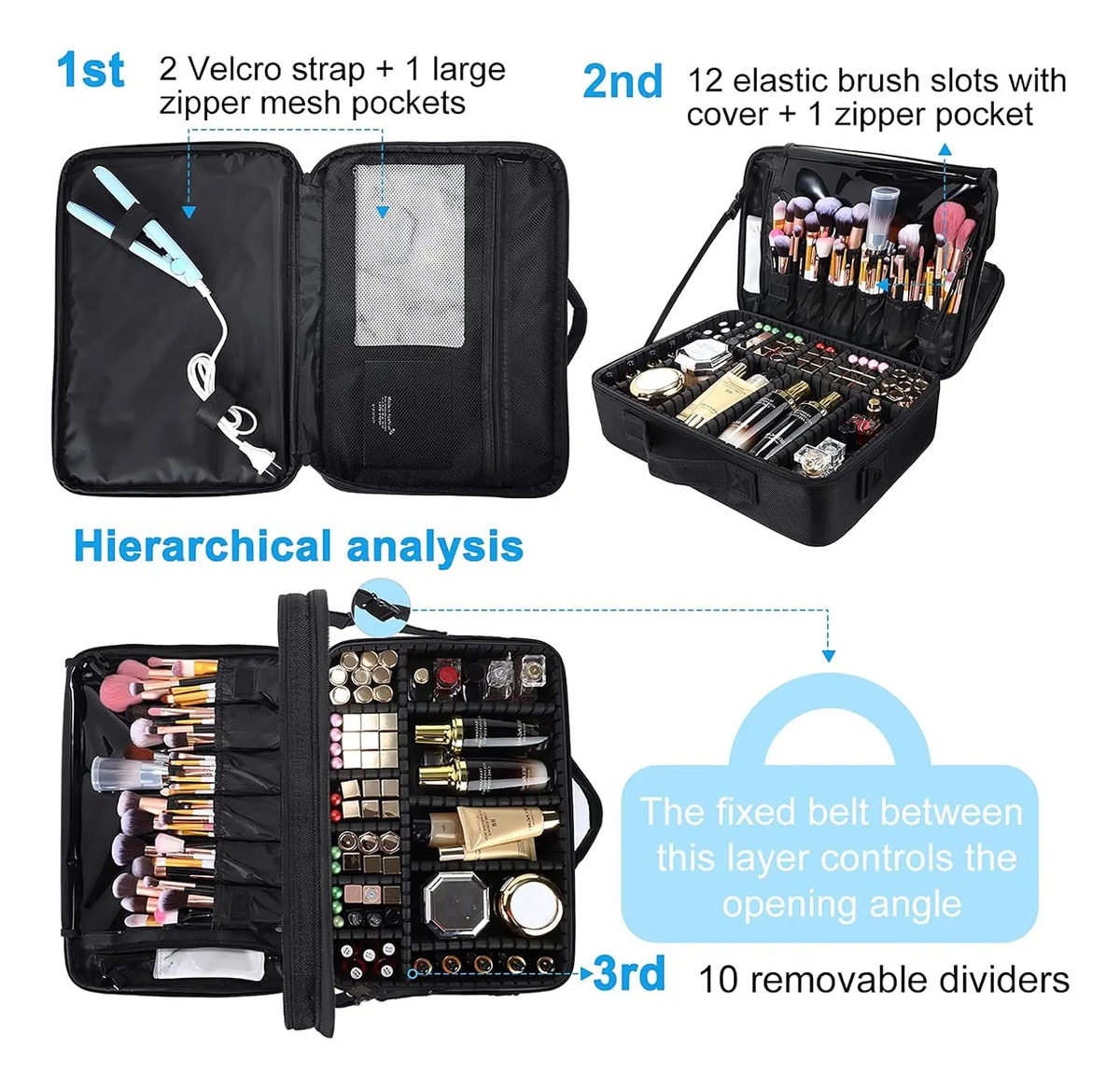 Estuche De Maquillaje Portátil Grande Con Correa Para Hombro Negro - Image 3
