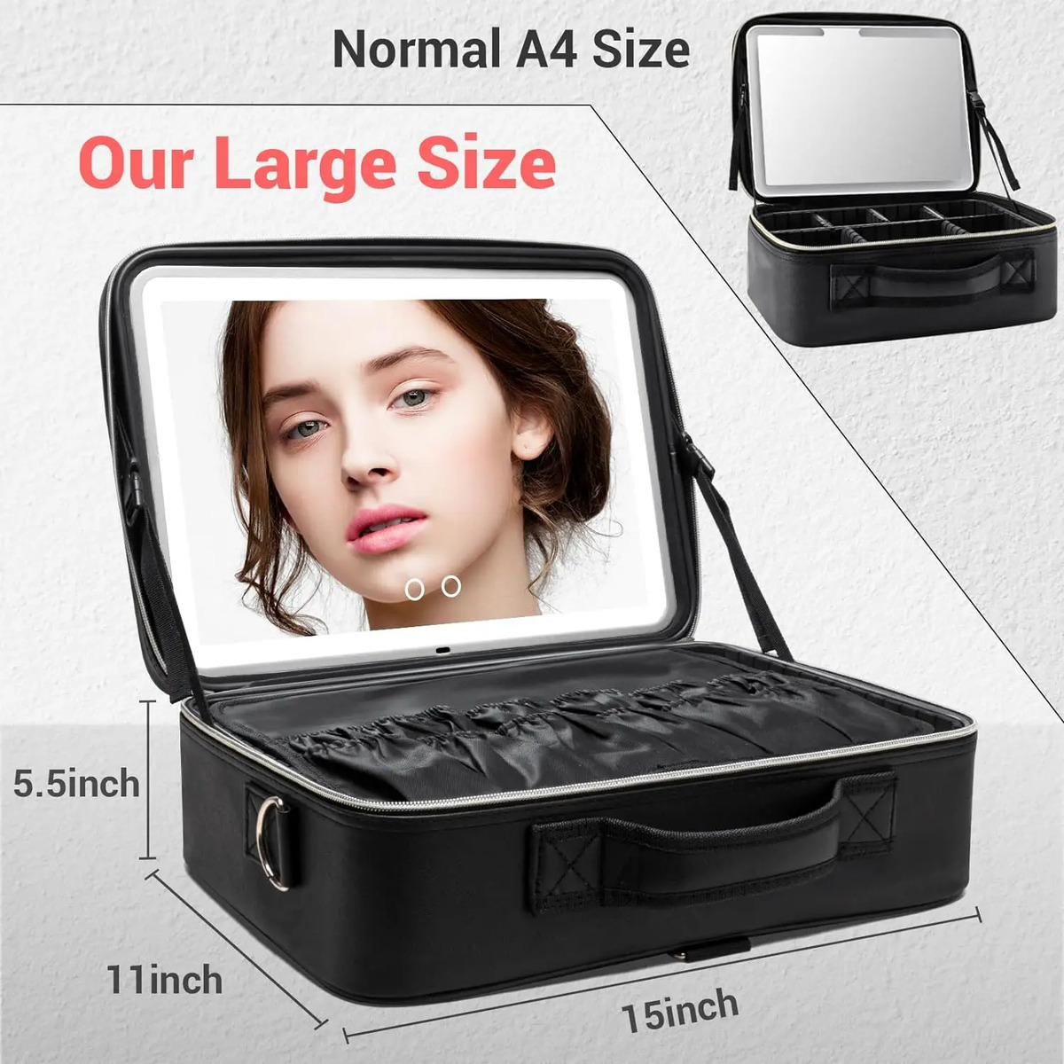 Bolso De Maquillaje Viaje Lujo Con Espejo Iluminado, Negro, - Image 2