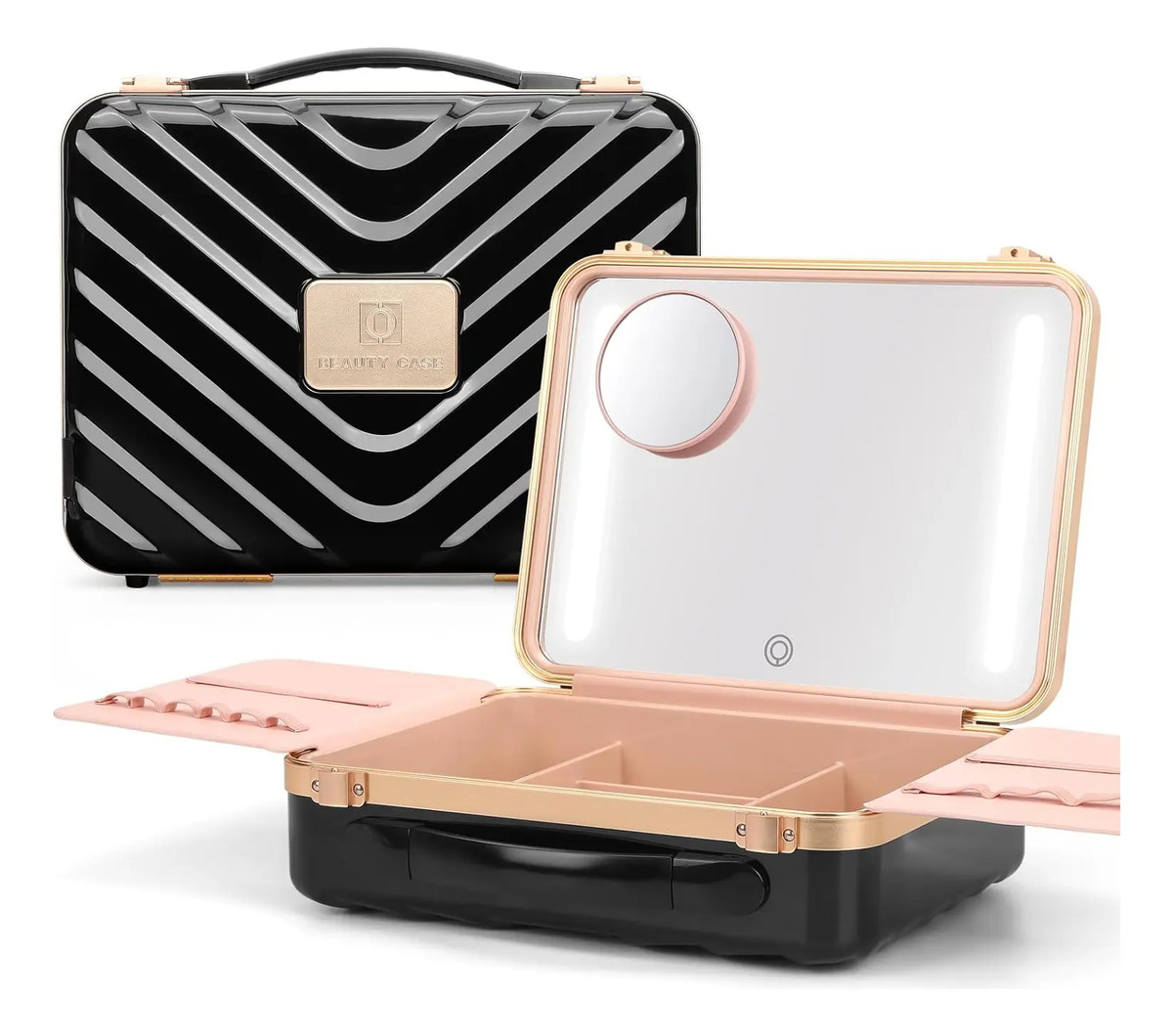 Maletín Portátil De Maquillaje Con Espejo Luz Led, Negro