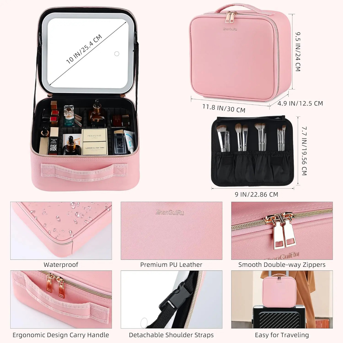 Bolsa De Maquillaje Con Espejo Led Rosa Para Mujeres - Image 3