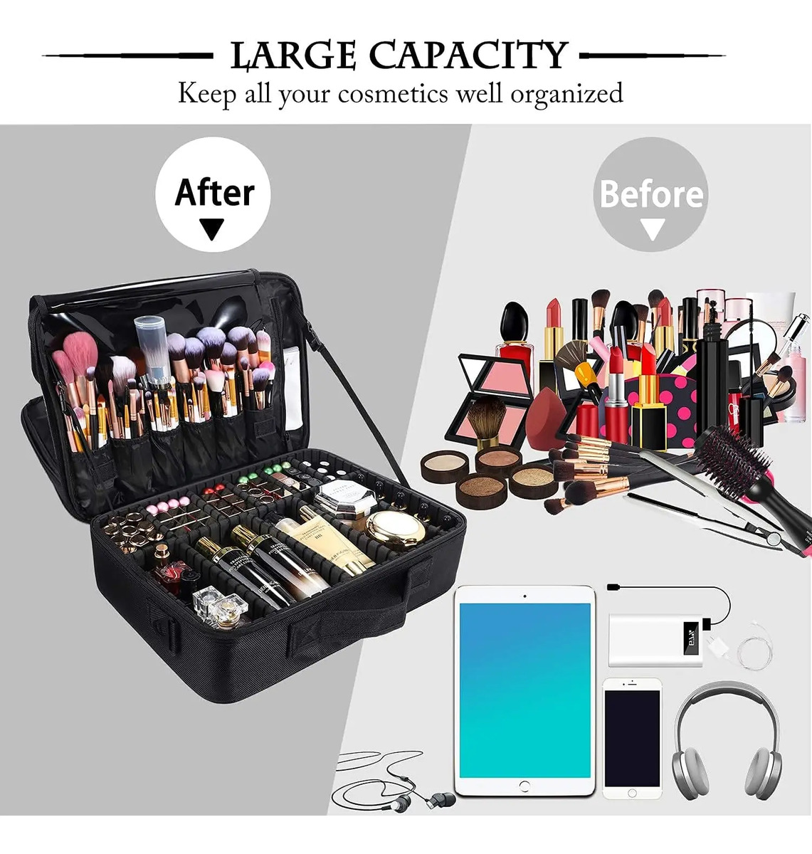 Estuche De Maquillaje Portátil Grande Con Correa Para Hombro Negro - Image 2