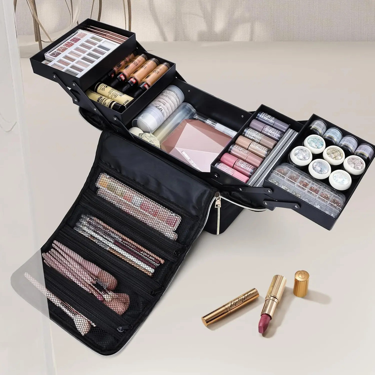 Estuche De Maquillaje Grande De Viaje Negro Con 4 Niveles Y - Image 2