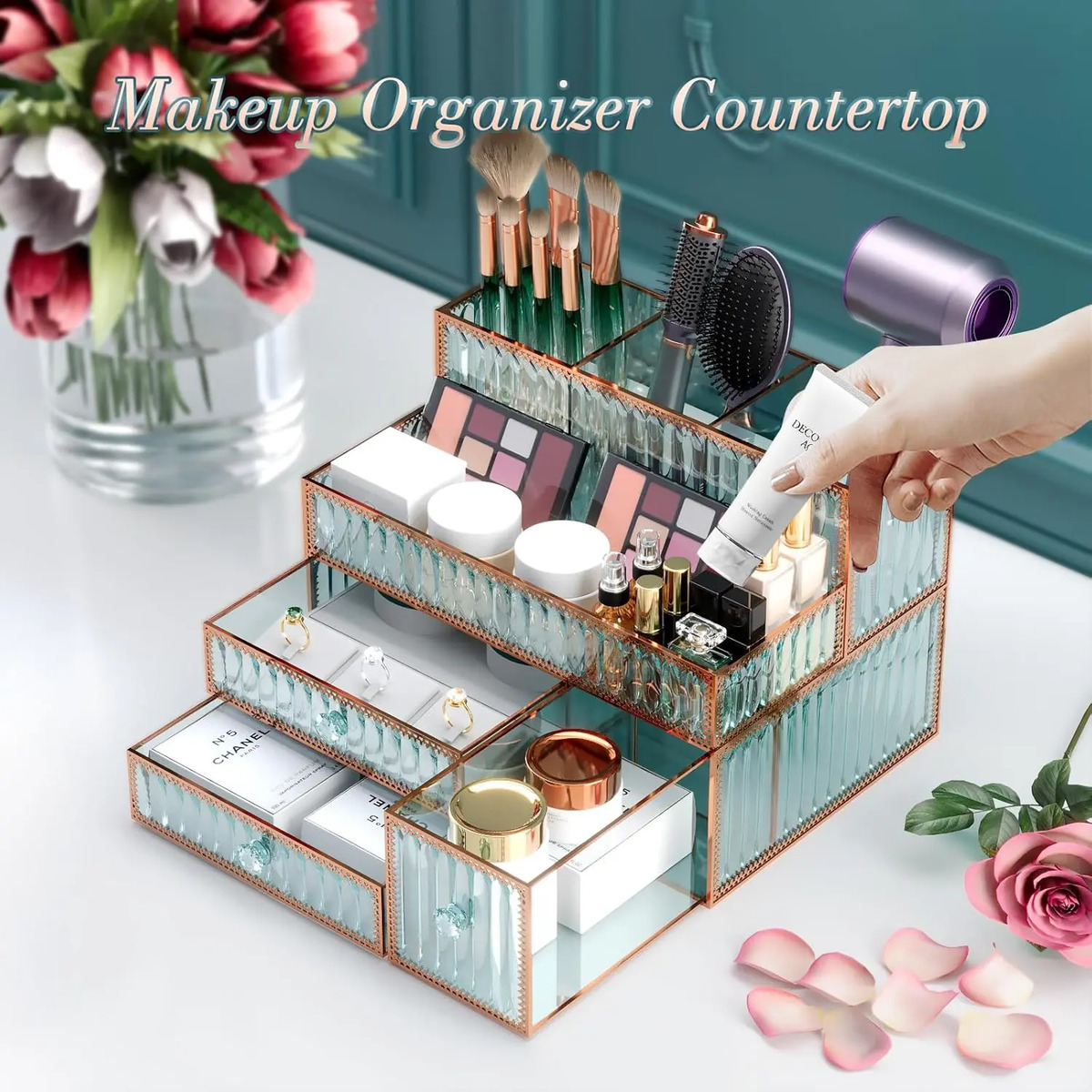 Organizador De Maquillaje De Vidrio Para Cosméticos Verde - Image 4