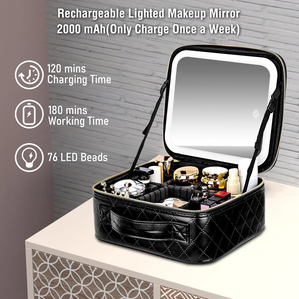 Bolso De Maquillaje Portátil Con Espejo Iluminado, Negro - Image 5