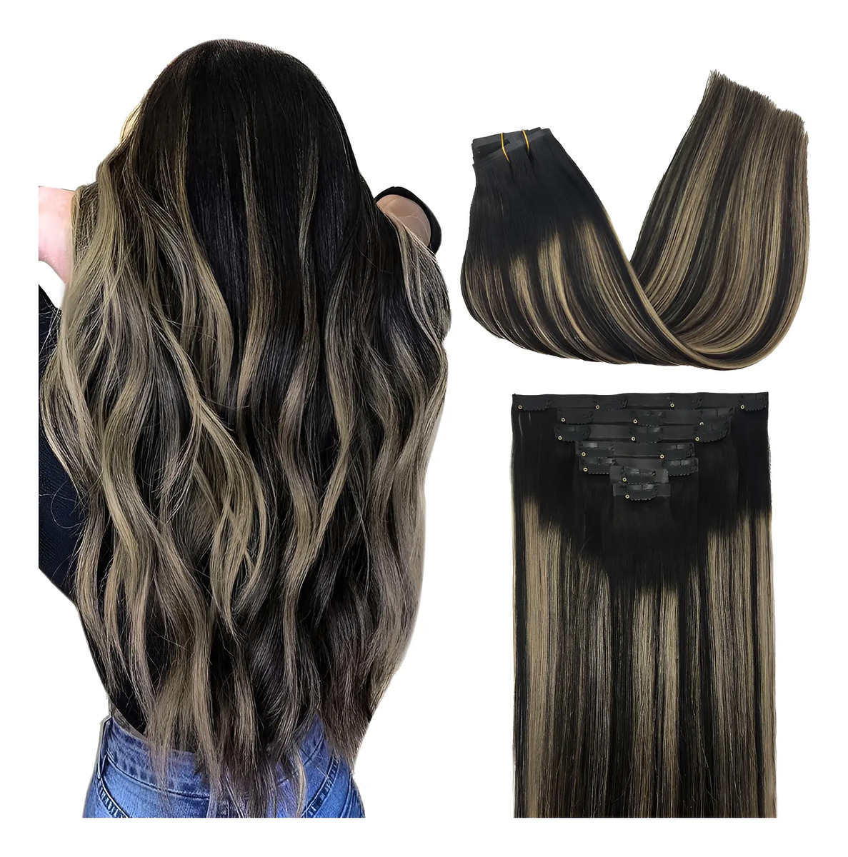 Extensiones Cabello 50cm Para Mujer Balayage Negro A Rubio