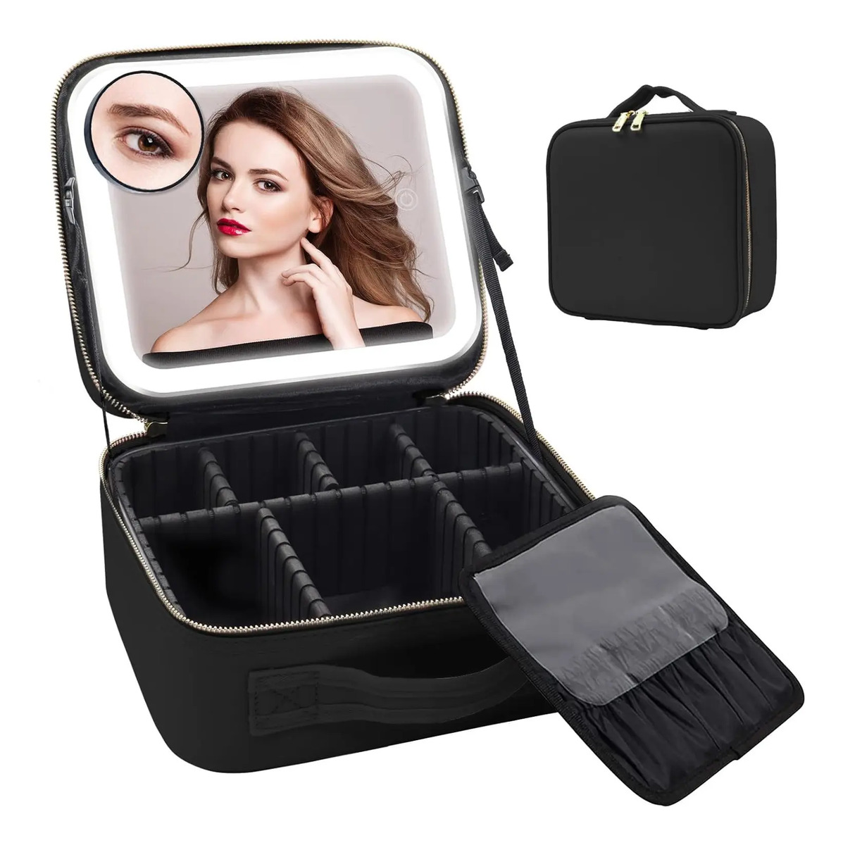 Bolso De Viaje Para Maquillaje Con Espejo Led, Negro