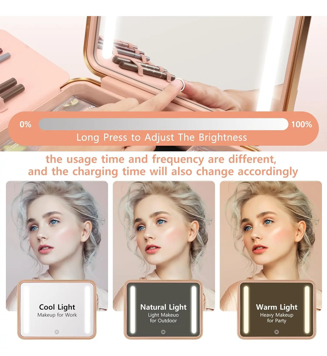 Maletín Portátil De Maquillaje Con Espejo Luz Led, Negro - Image 2