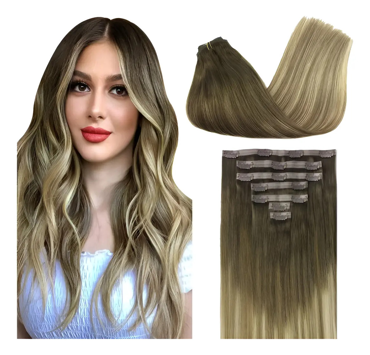 Extensiones Cabello Humano 35cm Mujer Marrón Rubio