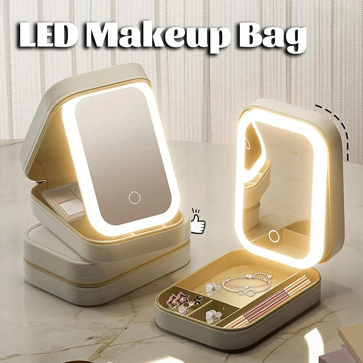Bolso De Maquillaje Viaje Con Espejo Led Portátil Beige - Image 2