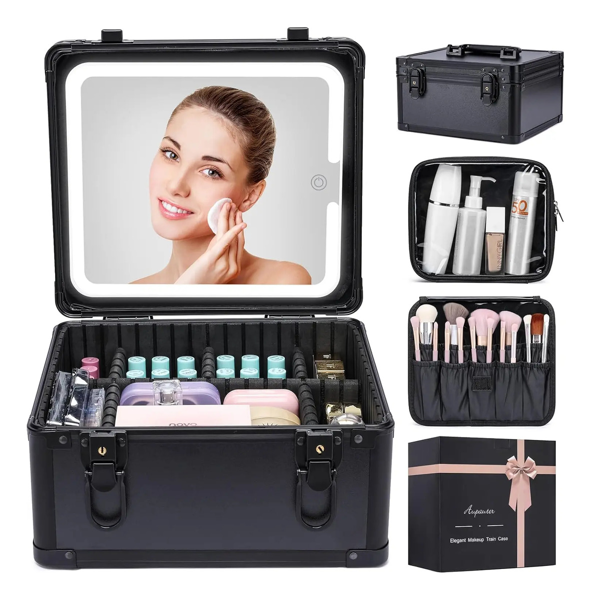 Caja De Maquillaje Con Espejo Led, Regalo Para Mujeres, Negr