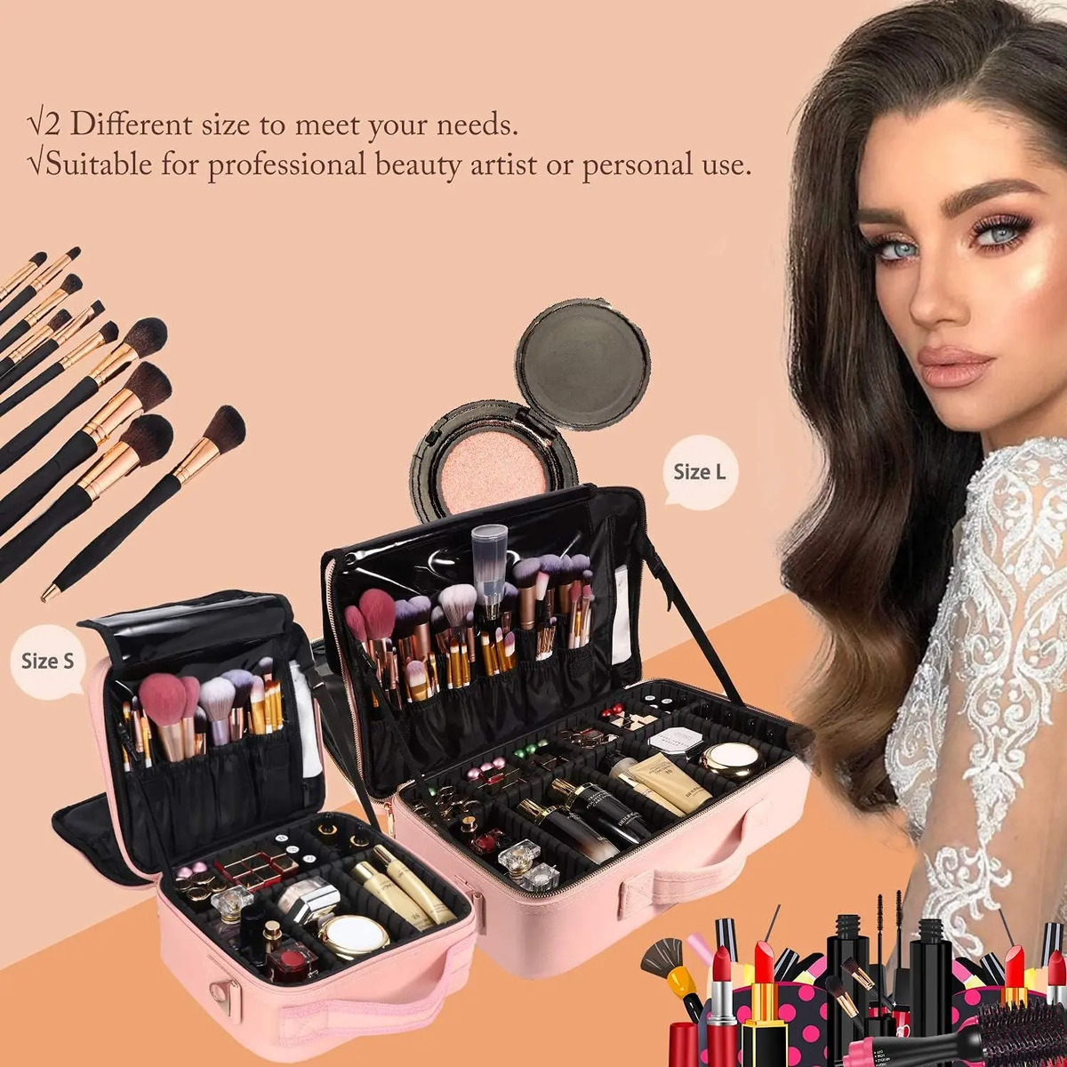 Maletín De Maquillaje Rosa, Con Divisores Ajustables Y Corre - Image 7