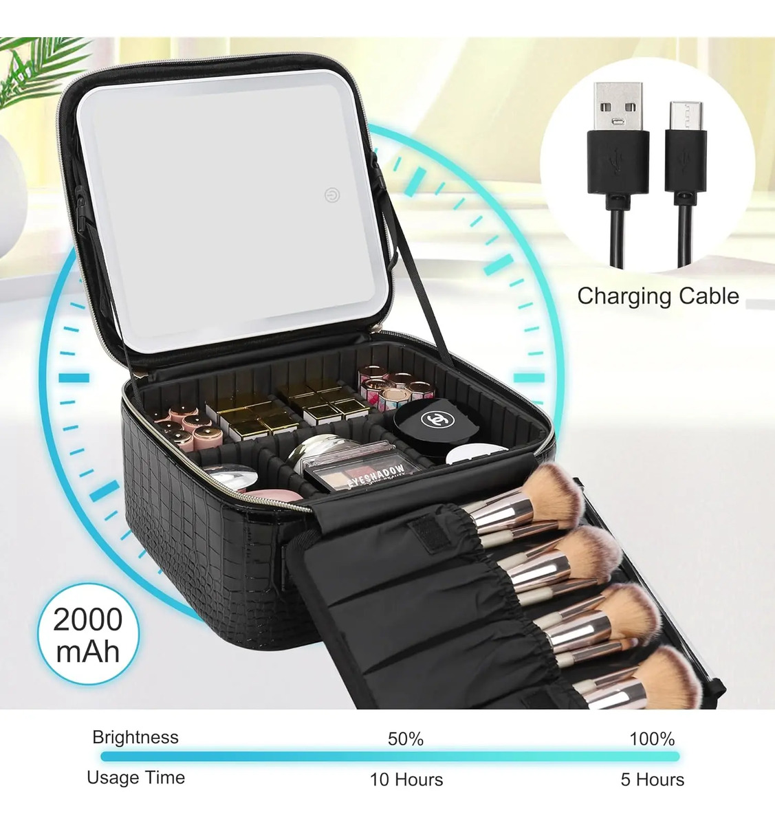 Maletín De Maquillaje Negro Con Espejo Led - Image 5